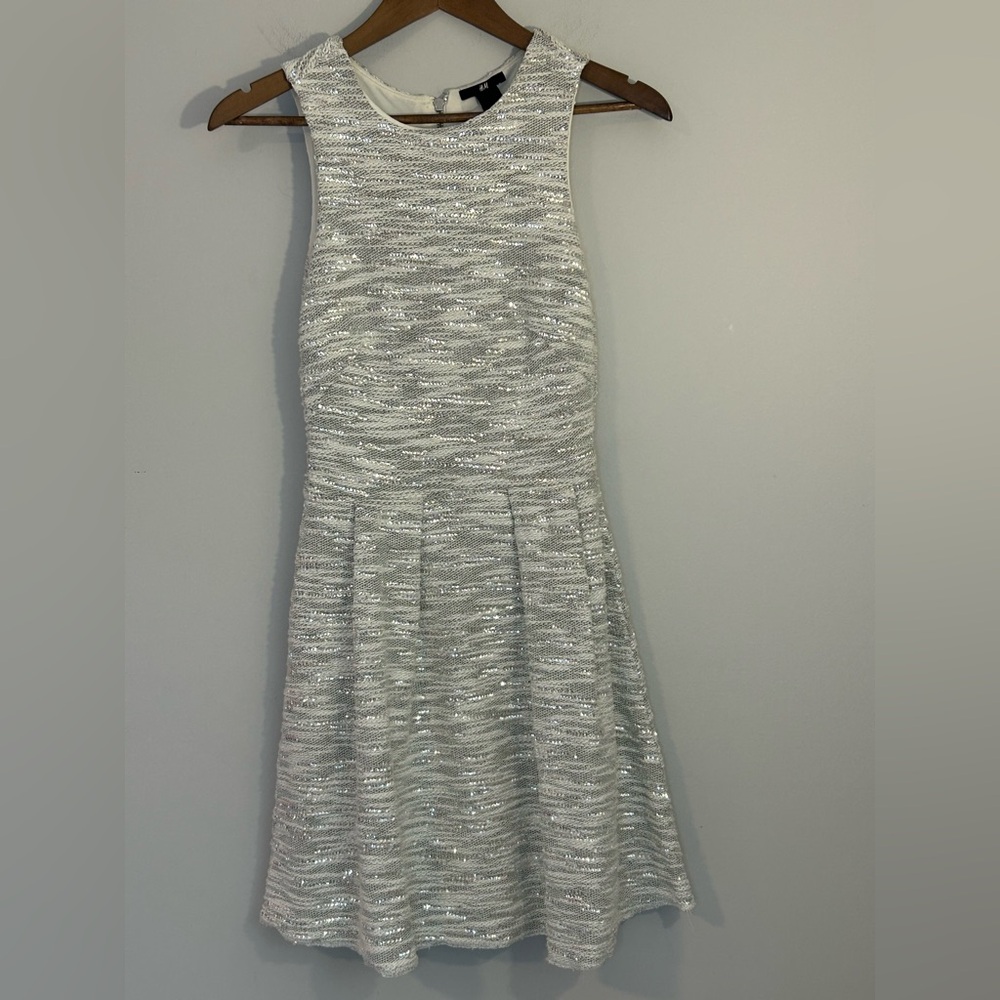 H&M Silver Sequin Fit & Flare Sleeveless Mini Dress Size 4